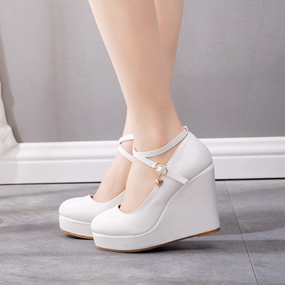 Women Round Toe Crossed Ankle Strap Straps Wedge Heel Platform Pumps