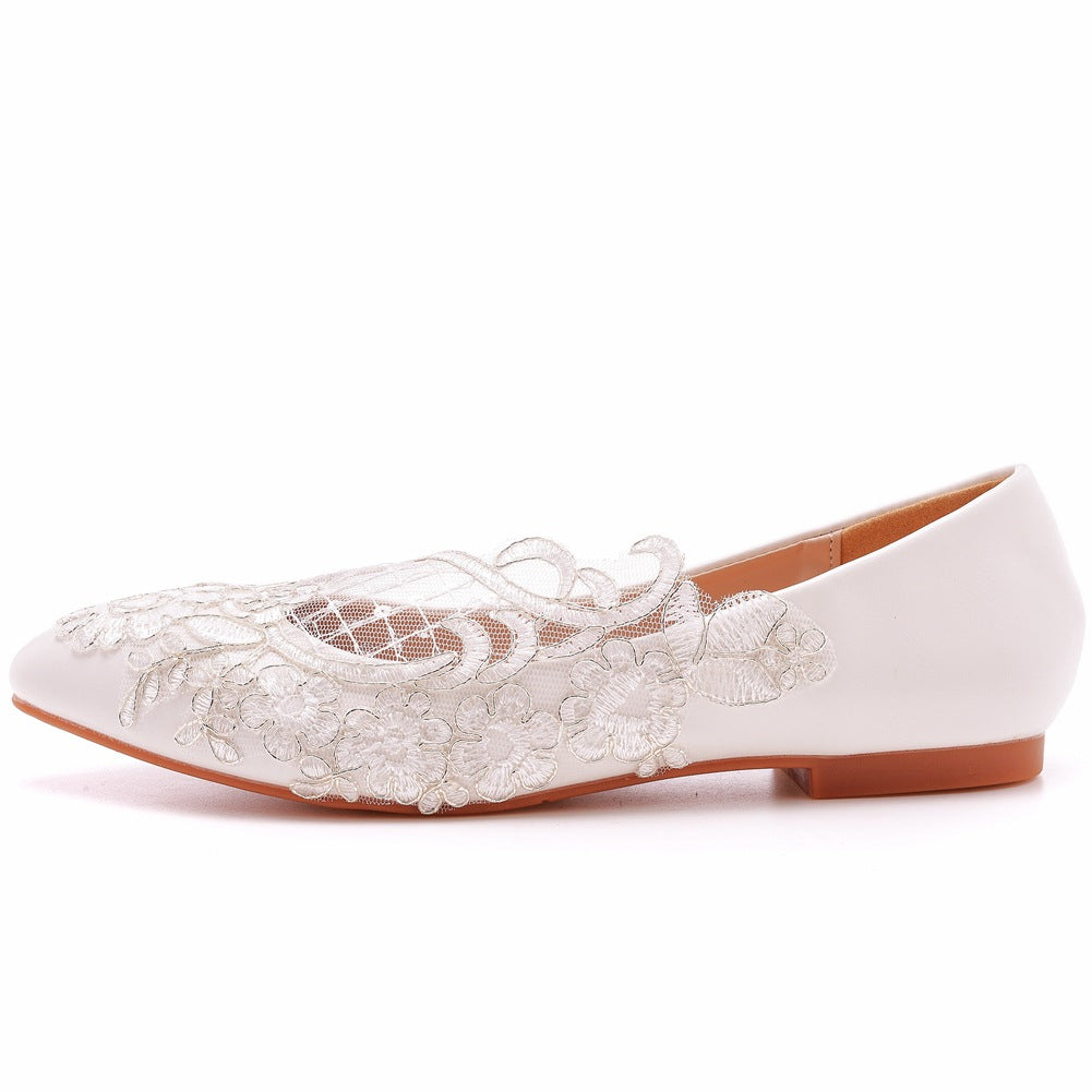 Women Pointed Toe Shallow Lace Mesh Flora Bridal Wedding Flat Shoes