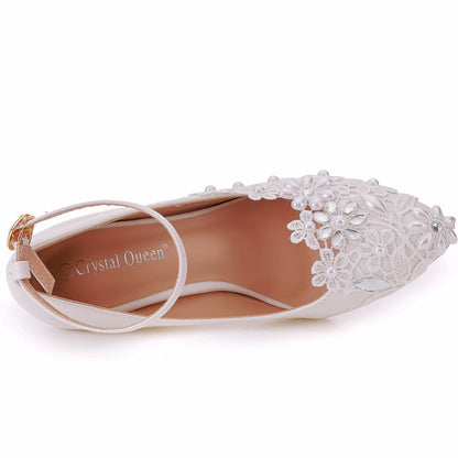 Pearls Shallow Lace Rhinestone Ankle Strap 7cm Wedge Heel Women Pumps Wedding Shoes