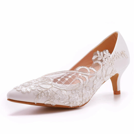 Women Stiletto Heel Pointed Toe Pumps Lace Flora Bridal Wedding Shoes