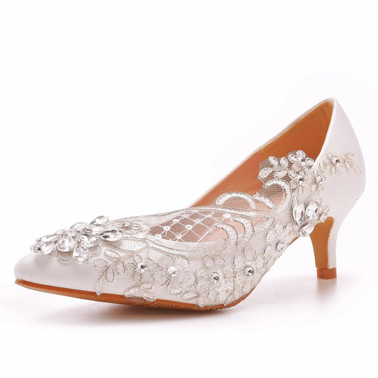 Women Stiletto Heel Pointed Toe Pumps Rhinestone Lace Bridal Wedding Shoes