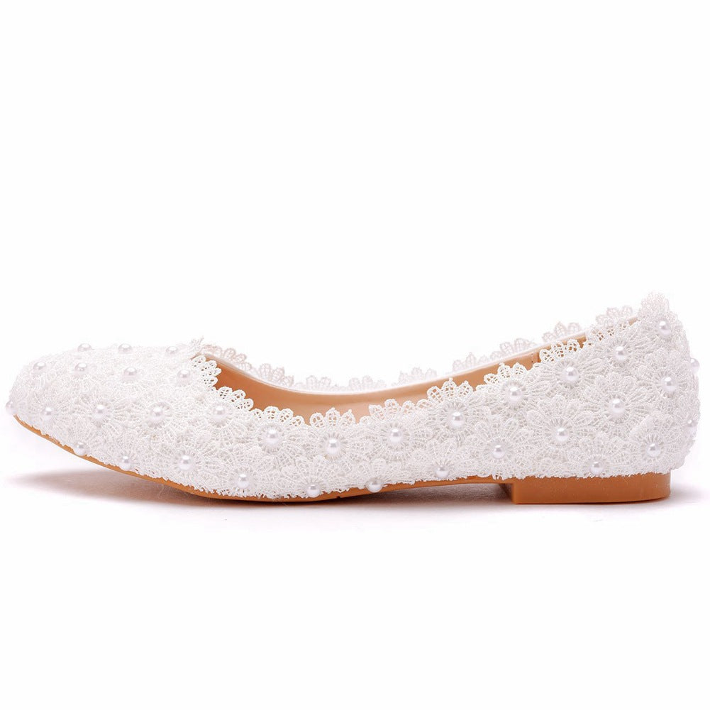 Women Pointed Toe Shallow Lace Pearls Flats