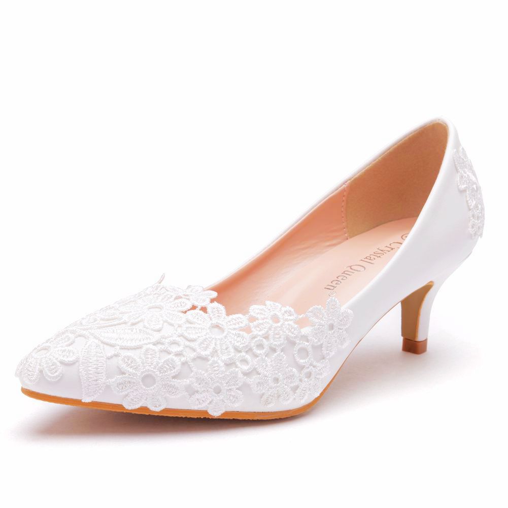 Women Stiletto Heel Pointed Toe Lace Flora Bridal Pumps Wedding Shoes