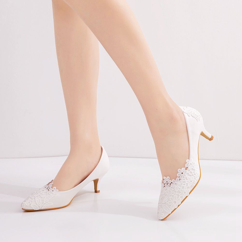 Women Stiletto Heel Pointed Toe Lace Flora Bridal Pumps Wedding Shoes