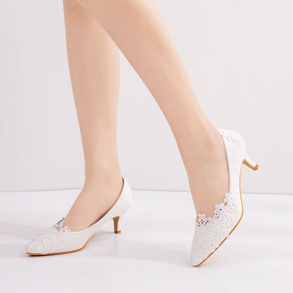 Women Stiletto Heel Pointed Toe Lace Flora Bridal Pumps Wedding Shoes