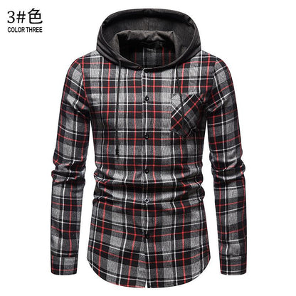 Men's Long Sleeves Hoodie Grid Flannel Shirts