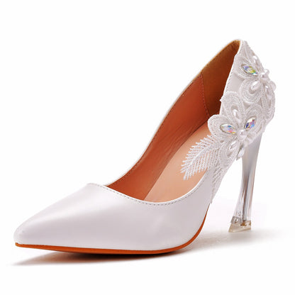 Women Crystal Pointed Toe Lace Rhinestone Stiletto Heel Wedding Pumps