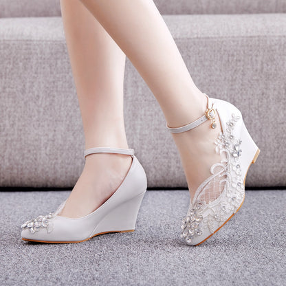 Rhinestone Mesh Ankle Strap 8cm Wedge Heel Women Pumps Wedding Shoes