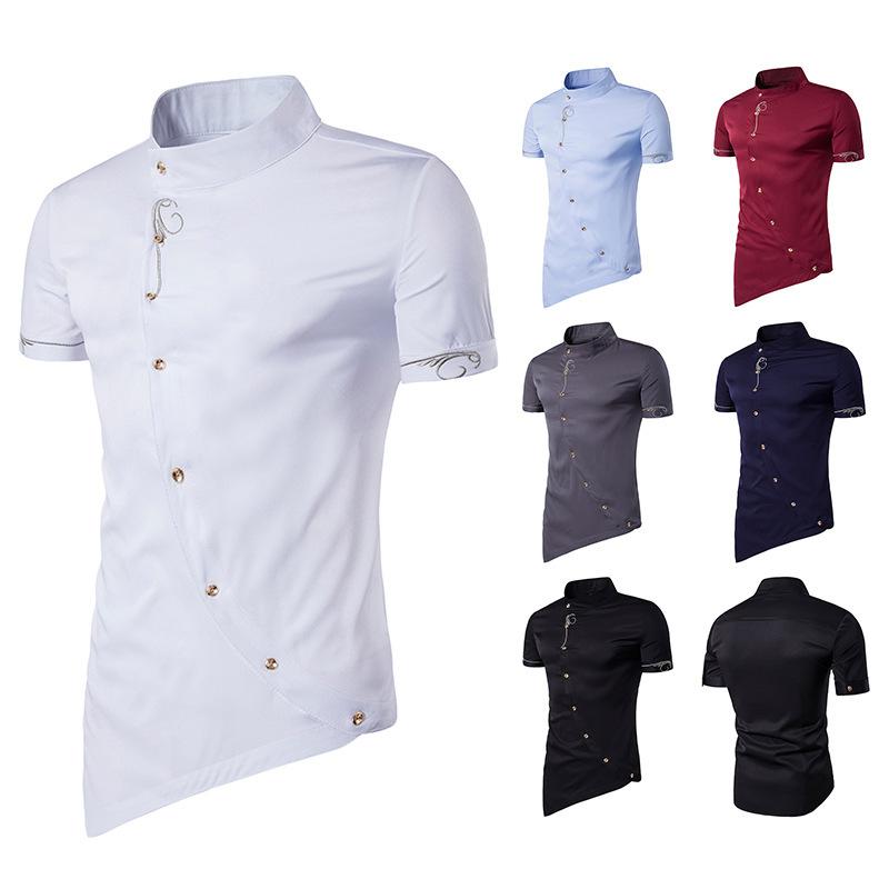 Men's Hollow Out Personality Helical Placket Pointed Hem Tuxedo Short Sleeves Stand-Up Collar Shirts