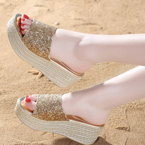 Women's Sequined Slippers Platform Wedge Sandals