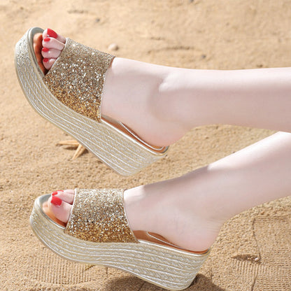 Women's Sequined Slippers Platform Wedge Sandals