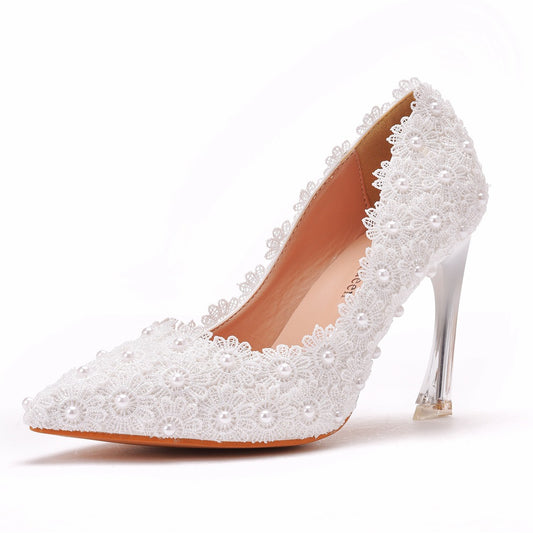 Women Crystal Pointed Toe Lace Beads Stiletto Heel Wedding Pumps