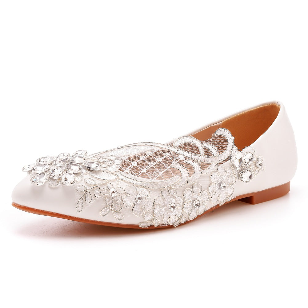 Women Pointed Toe Shallow Lace Rhinestone Flora Bridal Wedding Flat Shoes