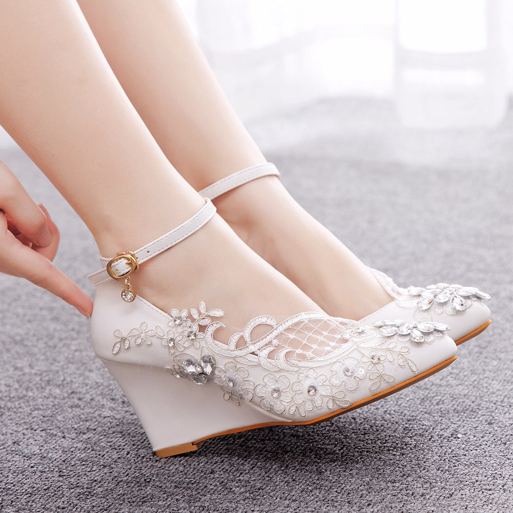 Rhinestone Mesh Ankle Strap 8cm Wedge Heel Women Pumps Wedding Shoes