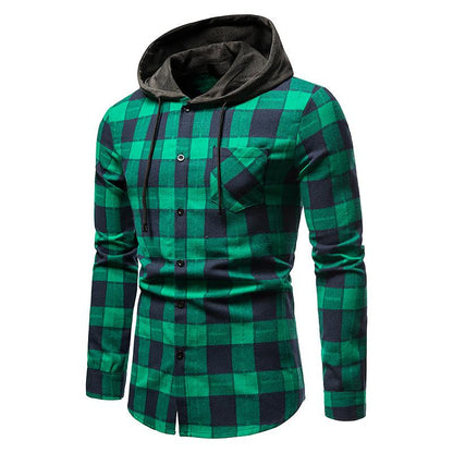 Men's Long Sleeves Hoodie Grid Flannel Shirts