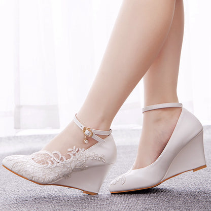 Lace Shallow Ankle Strap 8cm Wedge Heel Women Pumps Wedding Shoes