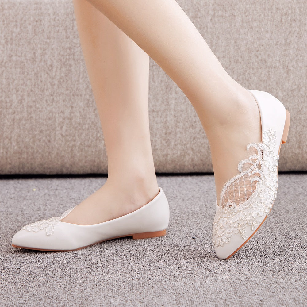 Women Pointed Toe Shallow Lace Mesh Flora Bridal Wedding Flat Shoes