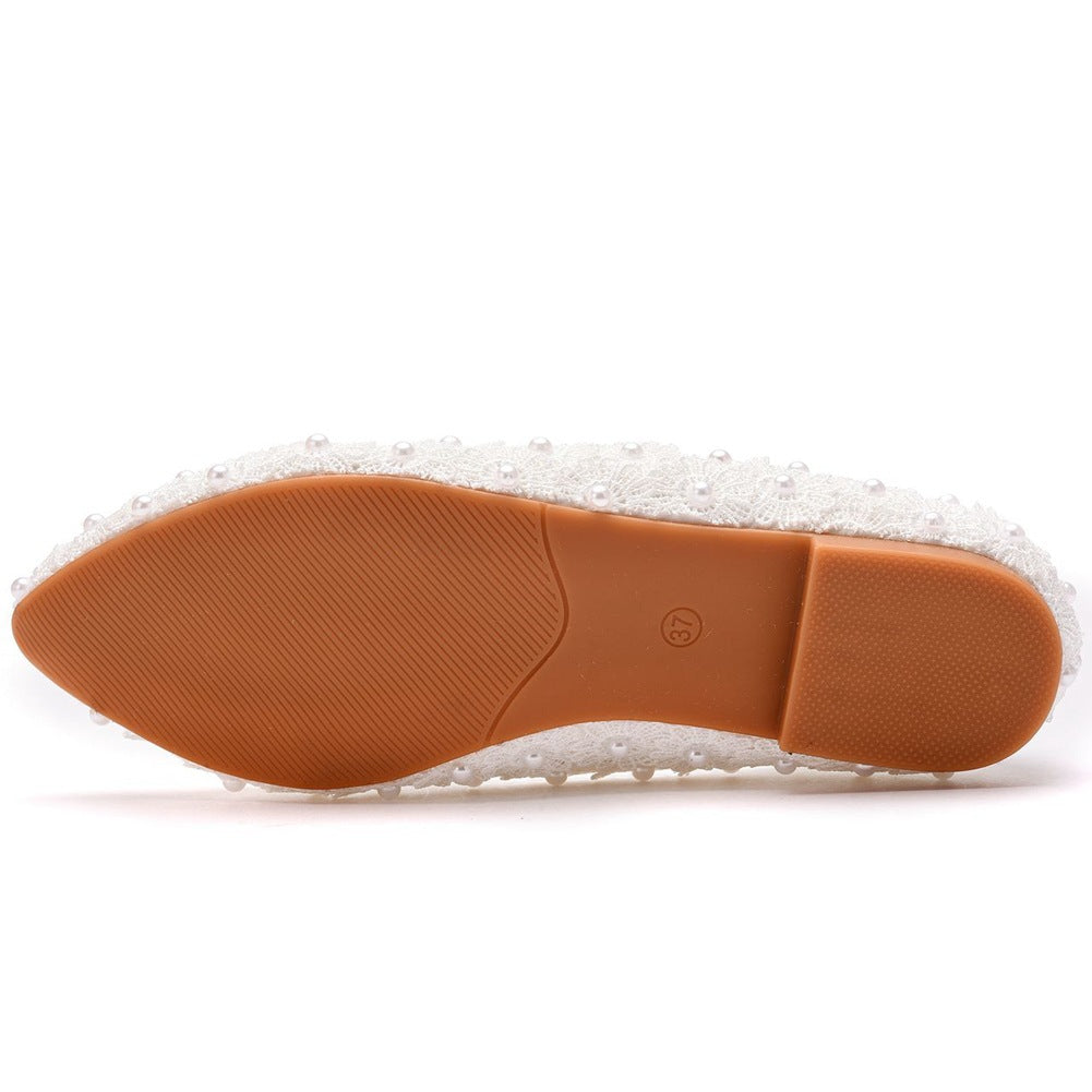 Women Pointed Toe Shallow Lace Pearls Flats