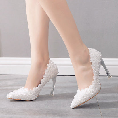 Women Crystal Pointed Toe Lace Beads Stiletto Heel Wedding Pumps