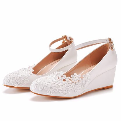 Lace Rhinestone Ankle Strap 5cm Wedge Heel Women Pumps Wedding Shoes