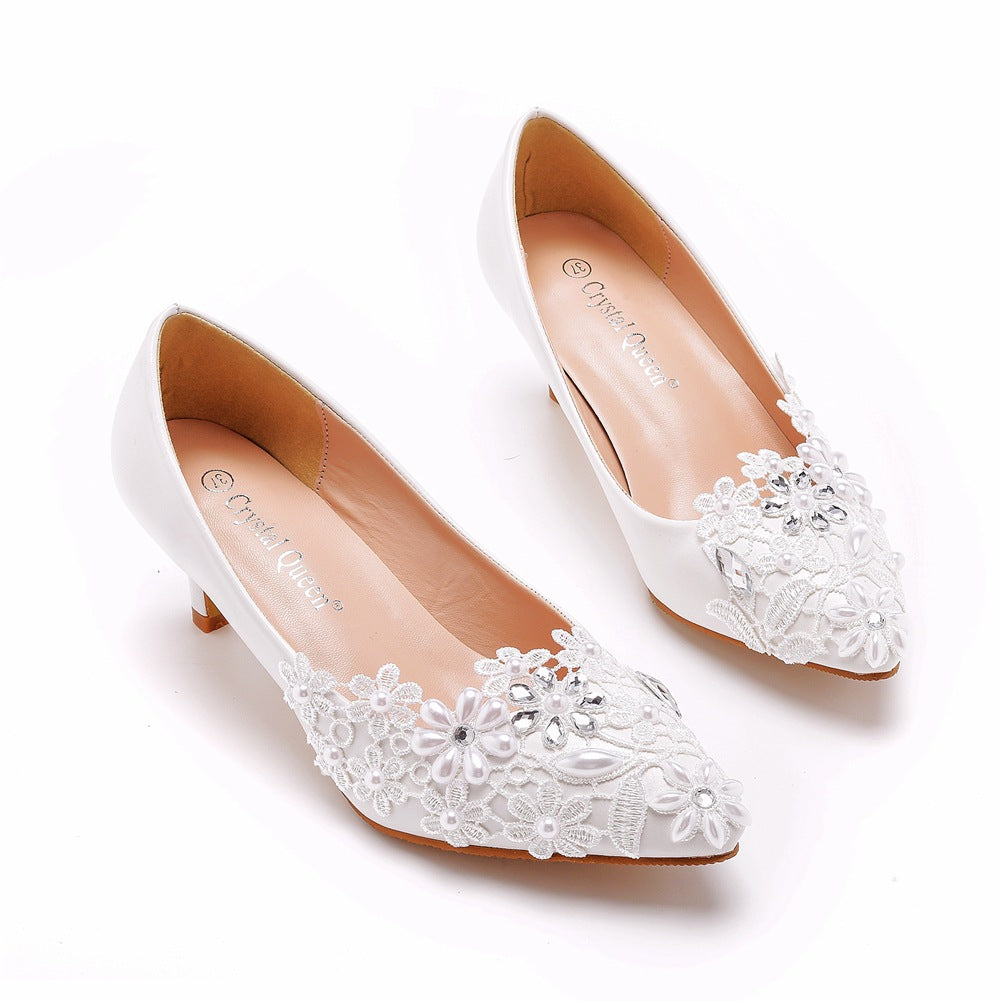 Women Pointed Toe Lace Flora Rhinestone Bridal Wedding Shoes Pumps Stiletto Heel