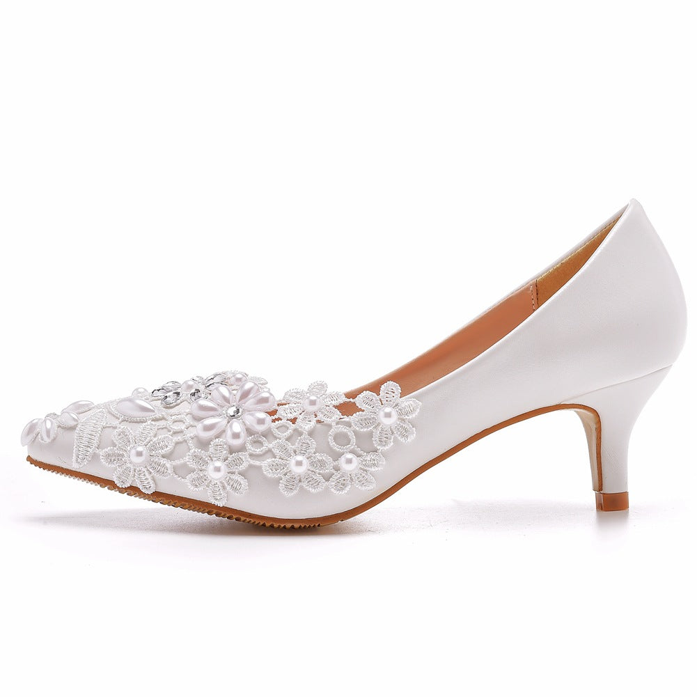 Women Pointed Toe Lace Flora Rhinestone Bridal Wedding Shoes Pumps Stiletto Heel