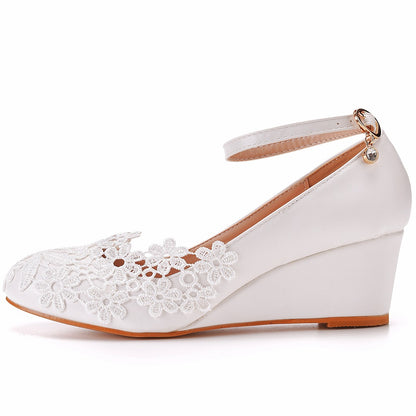 Lace Rhinestone Ankle Strap 5cm Wedge Heel Women Pumps Wedding Shoes