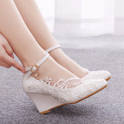 Lace Shallow Ankle Strap 8cm Wedge Heel Women Pumps Wedding Shoes