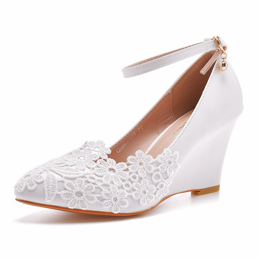 Lace Ankle Strap 7cm Wedge Heel Women Pumps Wedding Shoes