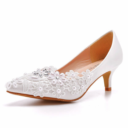 Women Pointed Toe Lace Flora Rhinestone Bridal Wedding Shoes Pumps Stiletto Heel