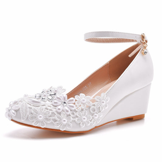 Rhinestone Lace 5cm Wedge Heel Women Pumps Wedding Shoes