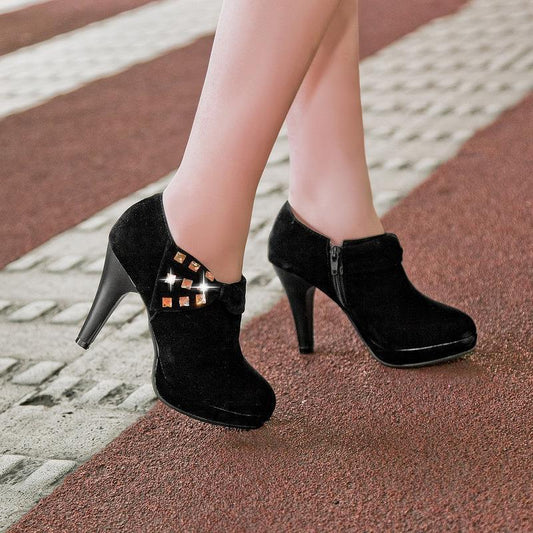 Faux Suede Rhinestone Women Chunky Heel Pumps 3886