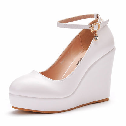 Women Round Toe Ankle Strap Platform Wedge Heel Wedding Pumps