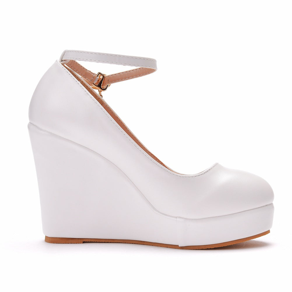 Women Round Toe Ankle Strap Platform Wedge Heel Wedding Pumps