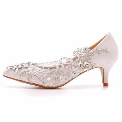 Women Stiletto Heel Pointed Toe Pumps Rhinestone Lace Bridal Wedding Shoes