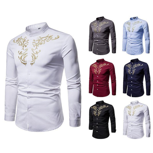 Men's Royal Style Embroidered Henry Stand-Up Collar Plus Size Long Sleeves Shirts