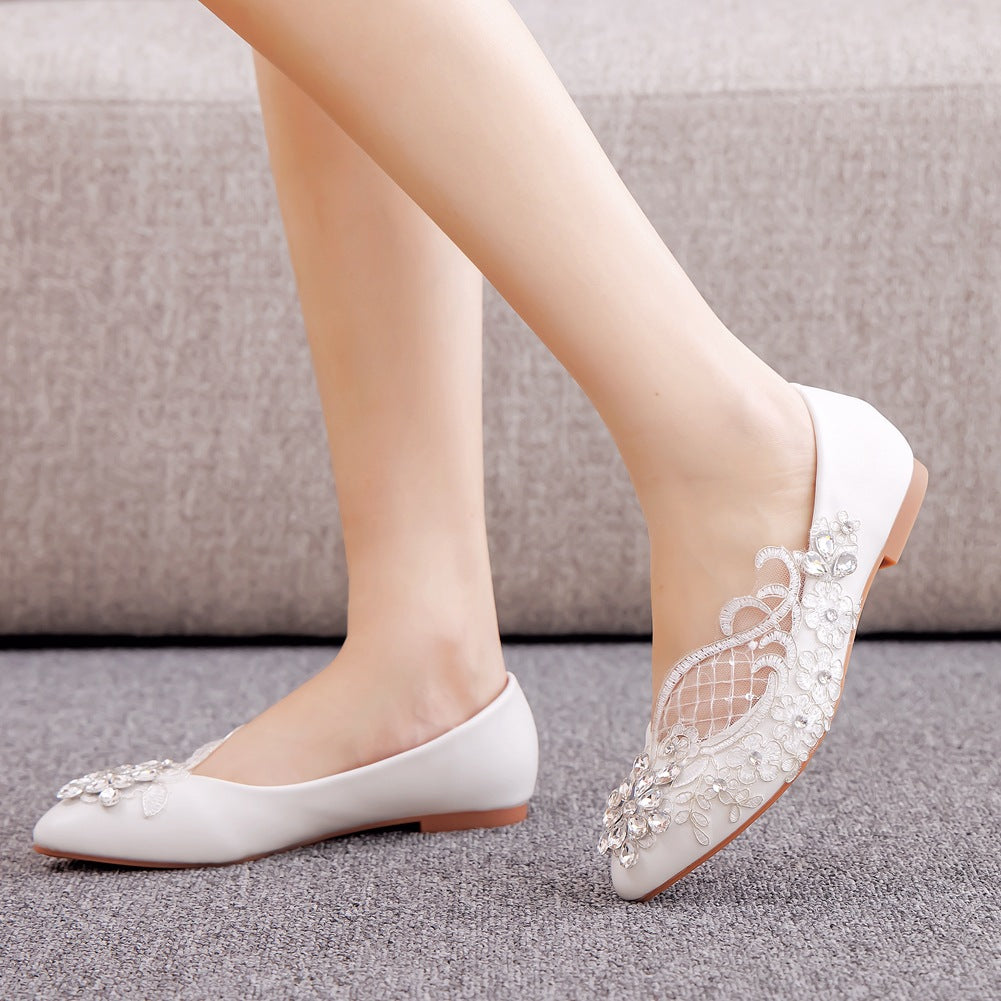 Women Pointed Toe Shallow Lace Rhinestone Flora Bridal Wedding Flat Shoes