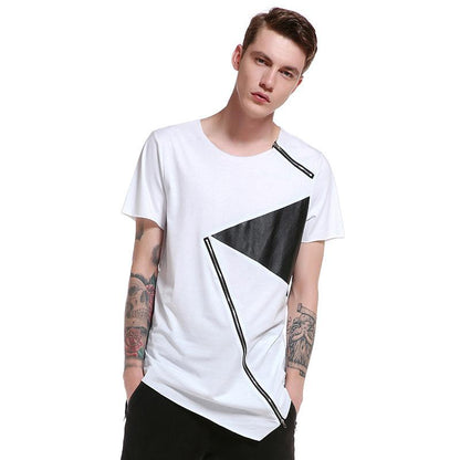 Men's Street Style Hip-Hop Round Neck Fashion Short Sleeves Specialty Hem Zipper Split Joint T-shirt