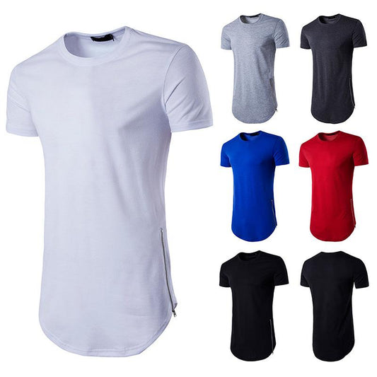 Men's Personality Street Style Double Zipper Long Round Neck T-shirt