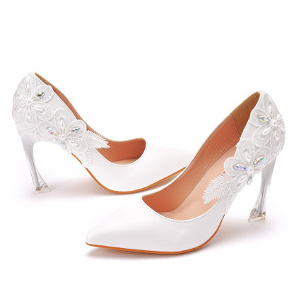 Women Crystal Pointed Toe Lace Rhinestone Stiletto Heel Wedding Pumps