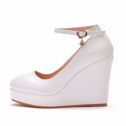 Women Round Toe Ankle Strap Platform Wedge Heel Wedding Pumps