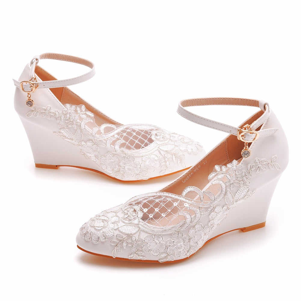 Lace Shallow Ankle Strap 8cm Wedge Heel Women Pumps Wedding Shoes