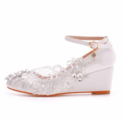 Rhinestone Mesh Ankle Strap 5cm Wedge Heel Women Pumps Wedding Shoes