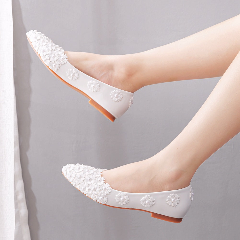 Women Pointed Toe Shallow Pearls Lace Flora Bridal Wedding Shoes Flats