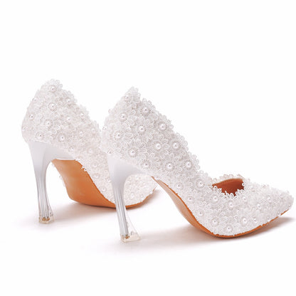 Women Crystal Pointed Toe Lace Beads Stiletto Heel Wedding Pumps