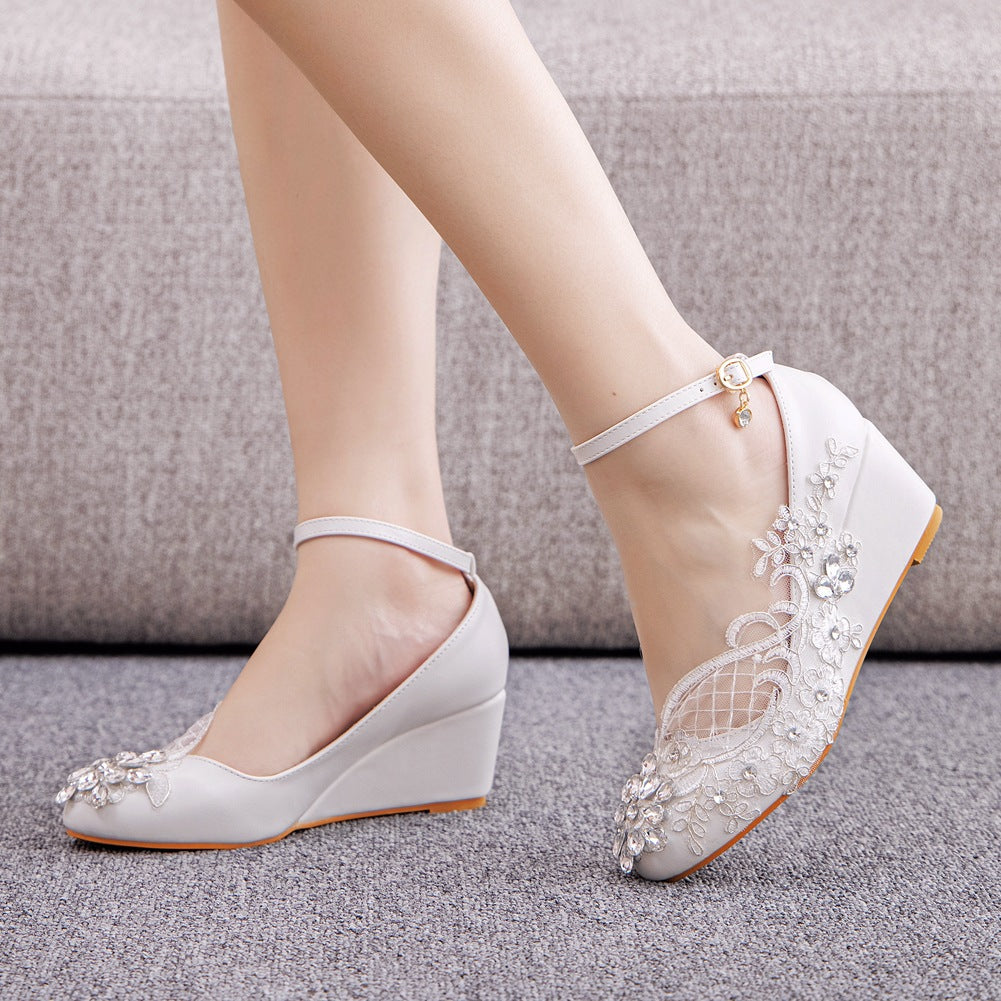 Rhinestone Mesh Ankle Strap 5cm Wedge Heel Women Pumps Wedding Shoes