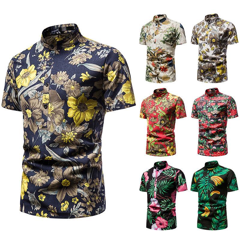 Men's Hawaii Casual Henry Stand-Up Collar Short Beach Shirts