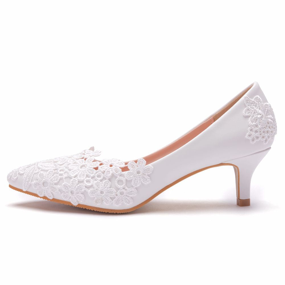 Women Stiletto Heel Pointed Toe Lace Flora Bridal Pumps Wedding Shoes