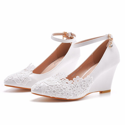 Lace Ankle Strap 7cm Wedge Heel Women Pumps Wedding Shoes