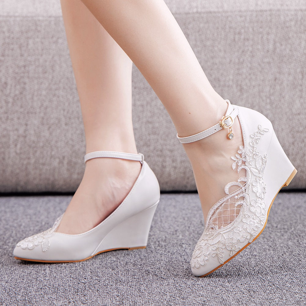 Lace Shallow Ankle Strap 8cm Wedge Heel Women Pumps Wedding Shoes